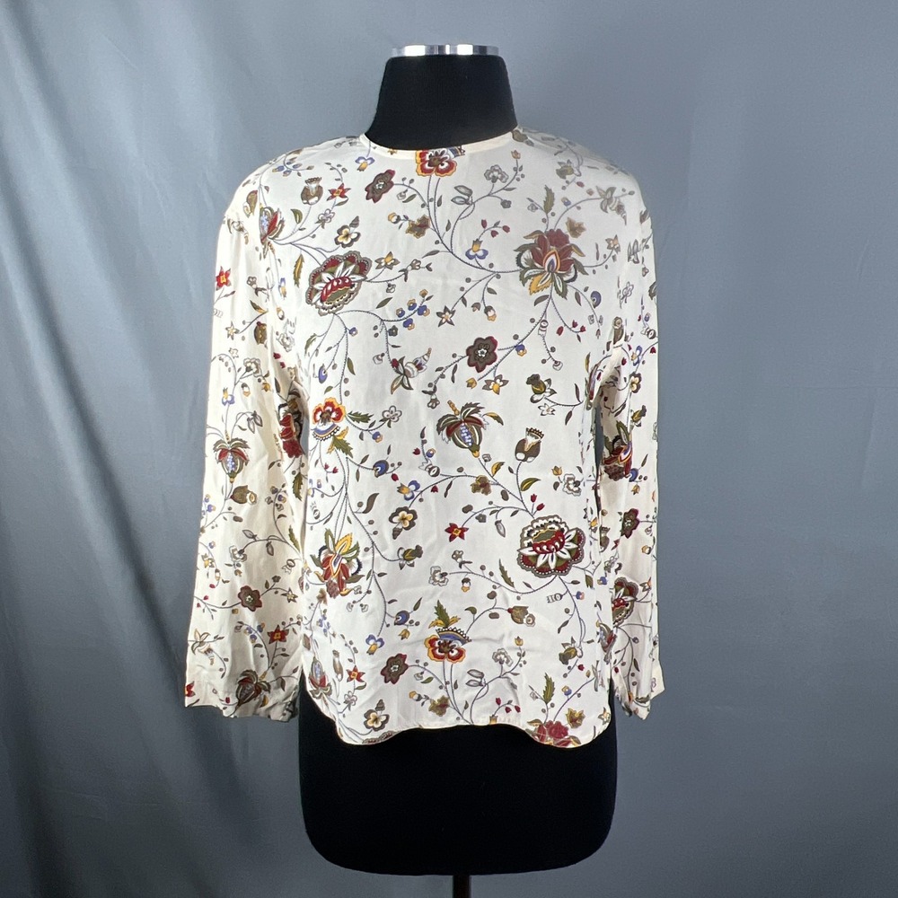 Liz Claiborne Blouse Top Womens Petite 4 Beige Floral Round Neck Long Sleeve